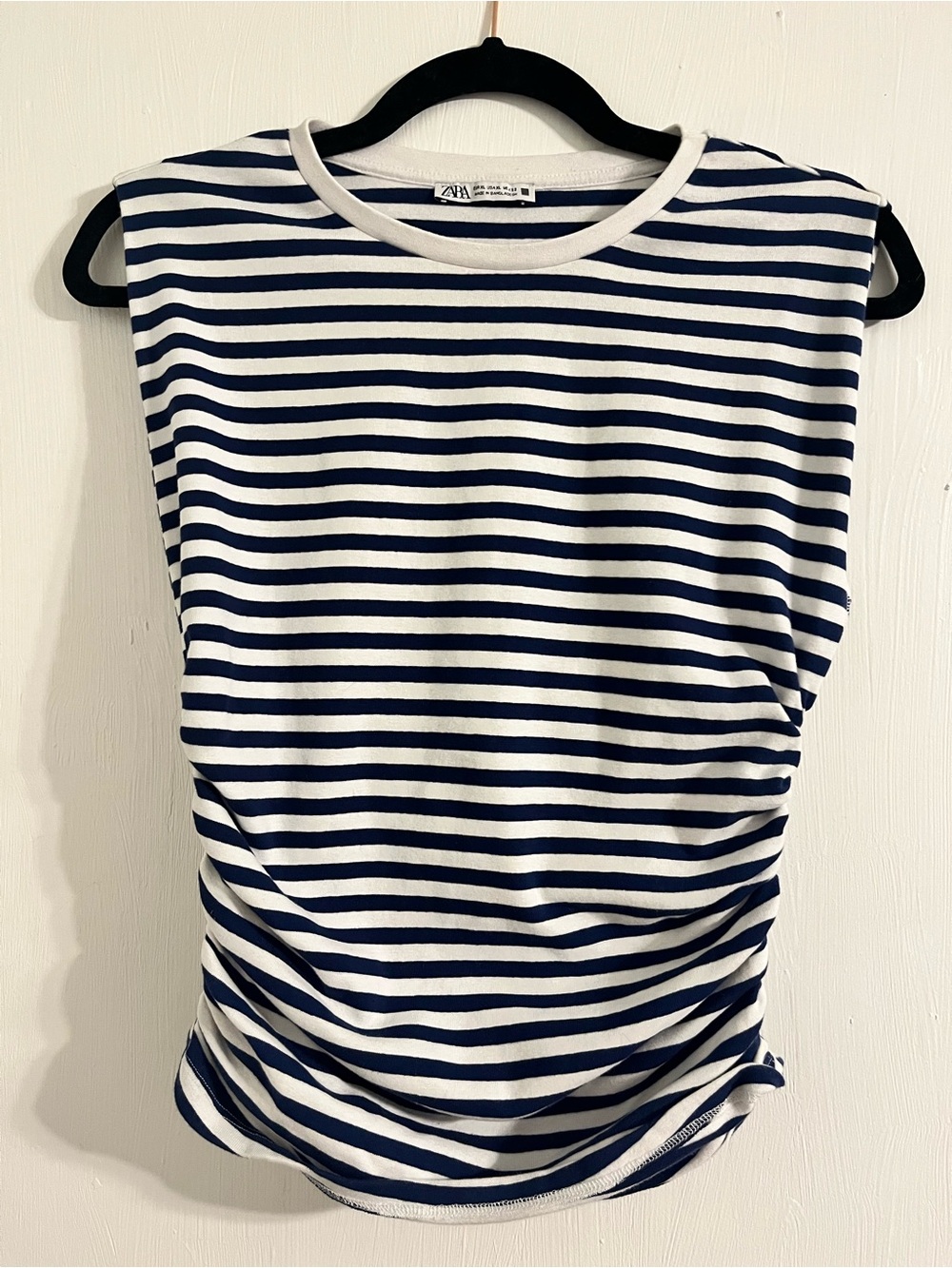 ZARA White & Navy Striped Sleeveless Ruched Tank